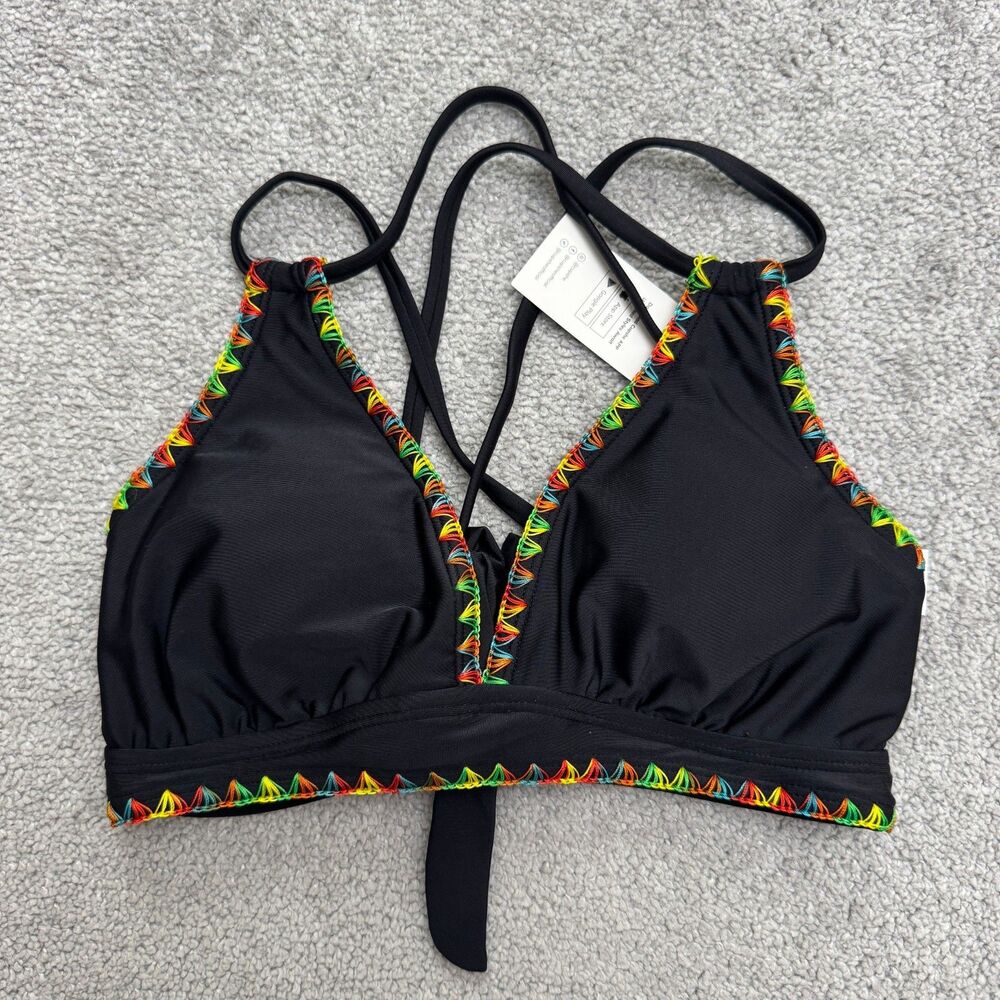 Cupshe Swimwear Embroidered Triangle Bikini Top Womens Small Black Rainbow NWT